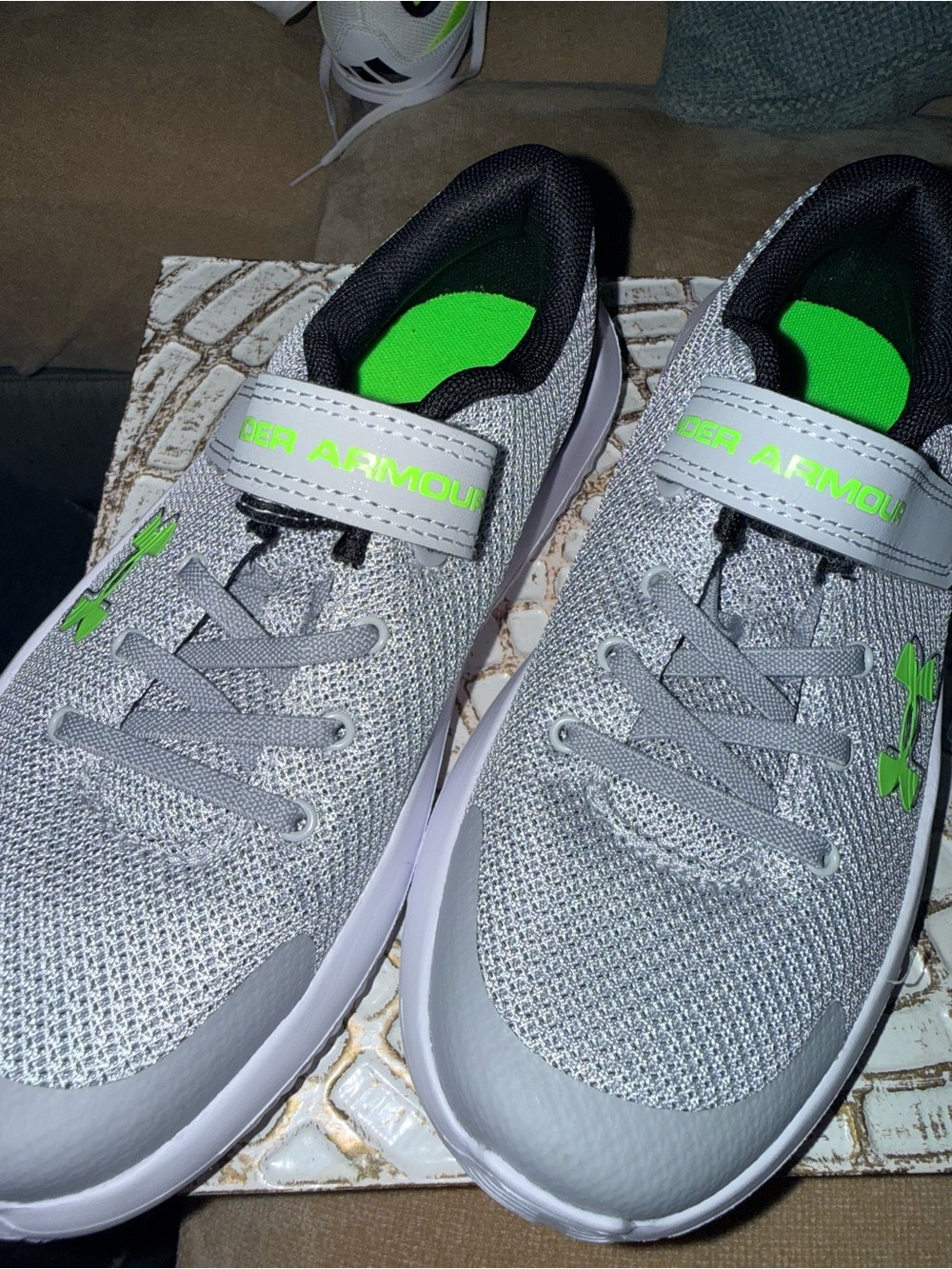 NWOT Under Armour Gray Kid’s  Sneakers w/ Neon Green Accents, Sz 3
